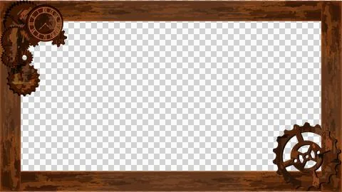 Flat steampunk wooden frame is featuring teal panel with clockwork gears, Stock Illustration