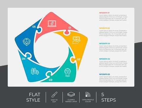 Flat step infographic vector design with 5 steps &amp; colorful style for present 스톡 일러스트