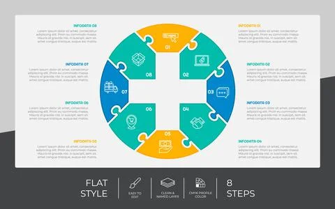 Flat step infographic vector design with 8 steps &amp; colorful style for present Stock Illustration