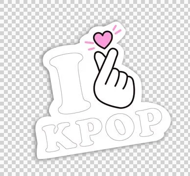 Flat sticker is featuring I, KPOP, finger heart, pink heart, border shadow, Stock Illustration