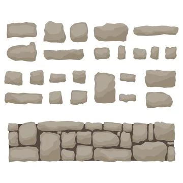 Flat stones, set of original, designer, flat stones and stone wall isolated Stock Illustration