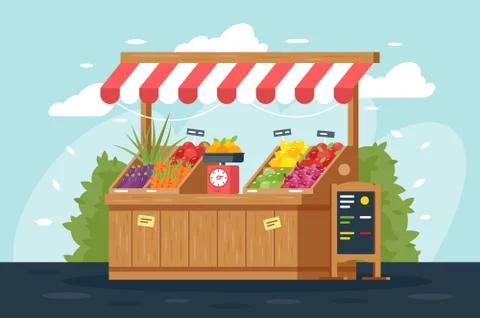 Flat street vegetable and fruit stall with menu, green, lemon, carrot, apple. Stock Illustration