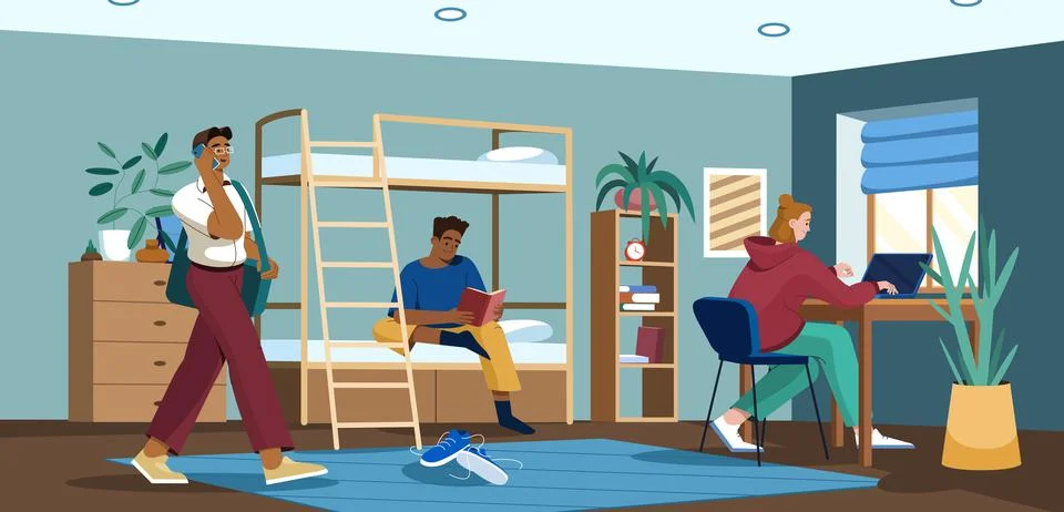 Flat students in dormitory room preparing for exams Illustrazione stock