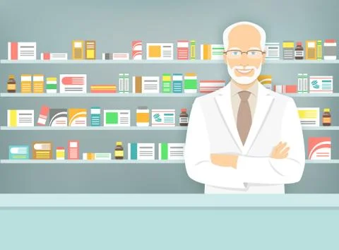 Flat style aged pharmacist at pharmacy opposite shelves of medicines Stock Illustration
