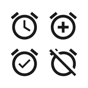 Flat style alarm clock set. Add, on, off alarm. Vector EPS 10 Stock Illustration