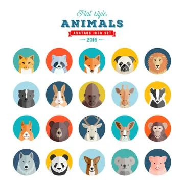 Flat Style Animals Avatar Vector Set. Twenty Icons Stock-Illustration