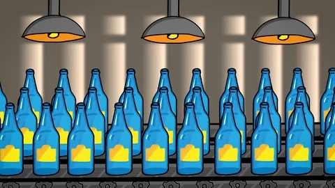 Flat style animation cartoon bottles on conveyor belt in factory, 4k Stock Footage