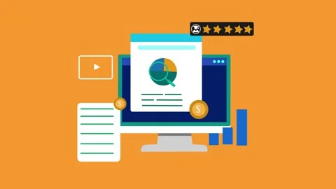 Flat-style animation of desktop computer with analytics dashboard charts co.. Video stock 337024178