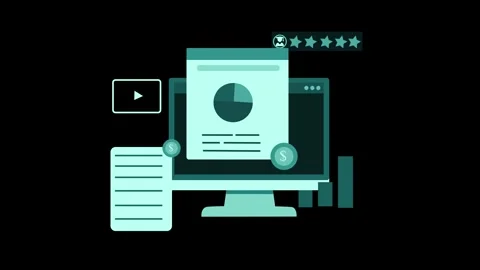 Flat-style animation of desktop computer with analytics dashboard charts co.. Video stock 337024181