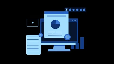 Flat-style animation of desktop computer with analytics dashboard charts co.. Video stock 337024190