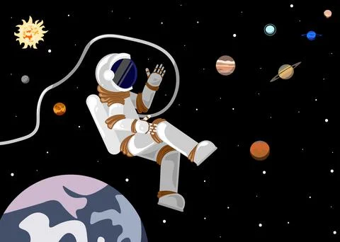 Flat style astronaut in open space in the solar system Illustrazione stock