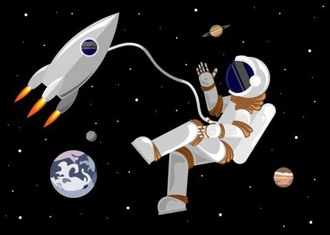 Flat style astronaut in outer space in the solar system near a rocket Stock Illustration