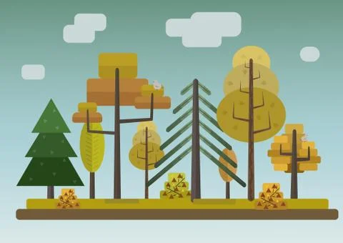 Flat Style Autumn Forest on Storm Sky Background Stock Illustration