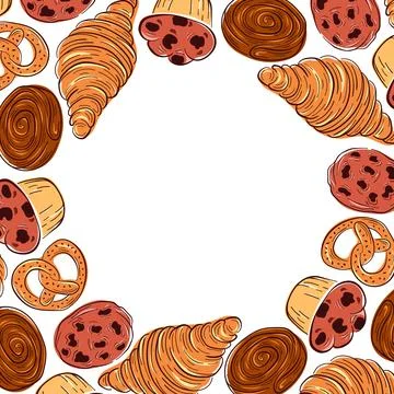 Flat style bakery frame illustration with pastry. Rustic food border on white Illustrazione stock