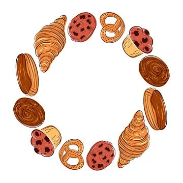 Flat style bakery wreath illustration with pastry forming a circular frame イラスト素材