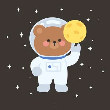 Flat Style Bear Astronaut Holding Mini Moon with Starry Space Background Stock Illustration