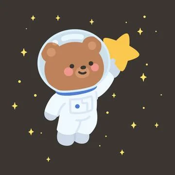 Flat Style Bear Astronaut Reaching for Star in Star-Filled Space Stock Illustration