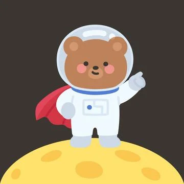 Flat Style Bear Astronaut with Red Cape Pointing Heroically from the Moon Ilustração Stock
