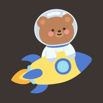 Flat Style Bear Astronaut Riding Colorful Rocket in Space Stock Illustration