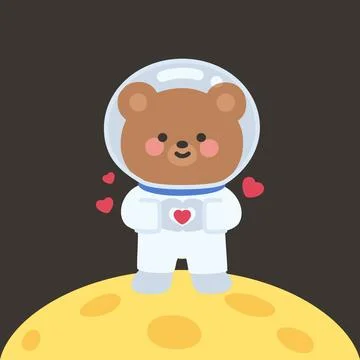 Flat Style Bear Astronaut Standing on Moon with Heart Symbols Ilustração Stock