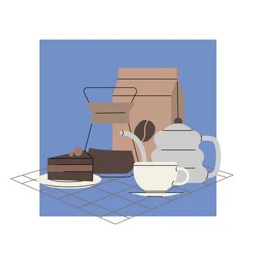 Flat style breakfast scene with a slice of chocolate cake, a coffee dripper, a Stock Illustration