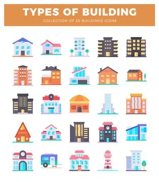 Flat-style building icons on white background. diverse architectural designs. Ilustración de archivo