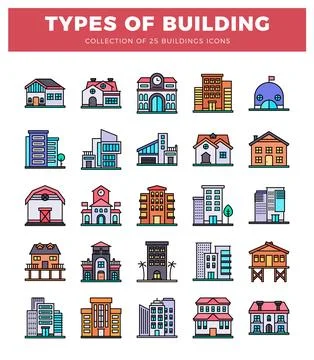 Flat-style building icons on a white background. Ilustración de archivo