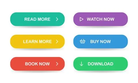 Flat style buttons for website. Read more, Learn more, Book now, Watch now Stock Illustration