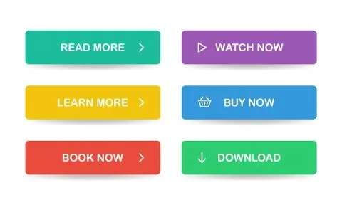 Flat style buttons for website. Read more, Learn more, Book now, Watch now Stock Illustration