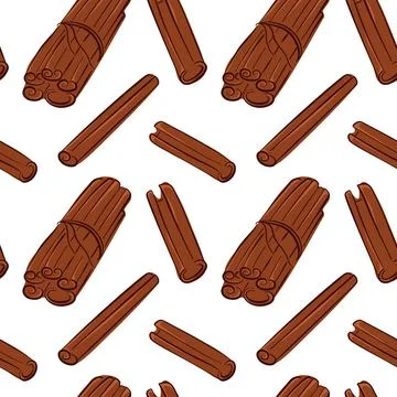 Flat style cinnamon stick hand drawn seamless pattern for spice store package Stock Illustration