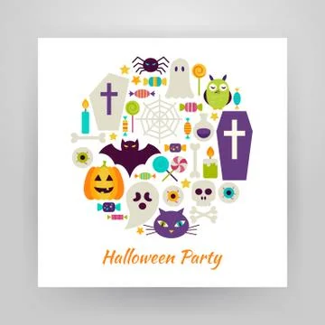 Flat Style Circle Vector Set of Halloween Holiday Objects over white Paper Illustrazione stock