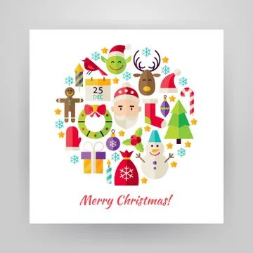 Flat Style Circle Vector Set of Merry Christmas Objects over white Paper Illustrazione stock