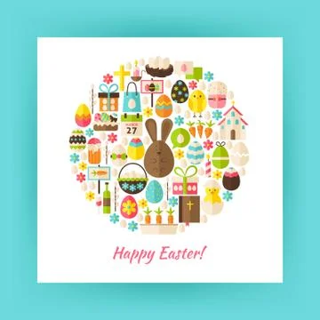 Flat Style Circle Vector Set of Happy Easter Objects over white Paper Stock Illustration