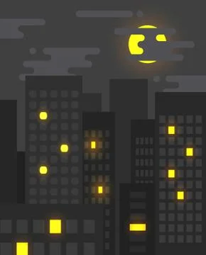 Flat style cityscape at night with light in some of the windows still on, big Stock Illustration