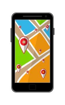 Flat style classic black modern mobile phone with navigator program isolated on Stock Illustration