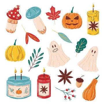 Flat style collection of autumn elements mushroom, pumpkin, leaf, ghost, candle Ilustración de archivo
