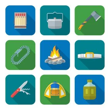 Flat style colored various camping icons collection. Stock Illustration