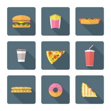 Flat style colored various fast food icons collection. 스톡 일러스트