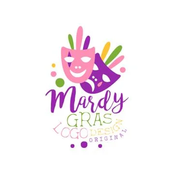 Flat style colorful logo template for Mardi Gras with hand drawn lettering and Stock-Illustration