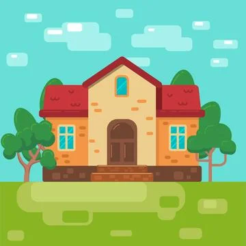 Flat style composition with house, trees, sky, grass. Vector illustration Stock Illustration