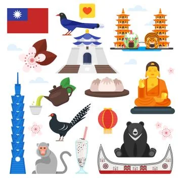 Flat style composition of Taiwan cultural symbols. Stock Illustration