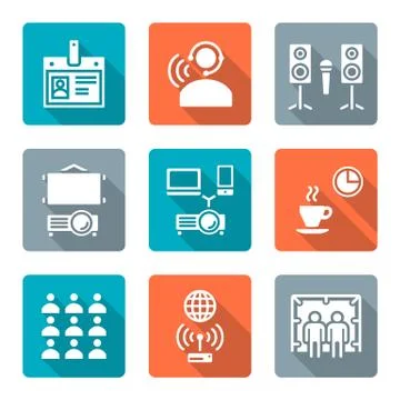 Flat style conference concept white icons set Stock Illustration