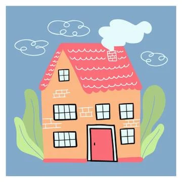 A flat-style cottage with Windows, smoke from the chimney, a tiled roof and Stock Illustration