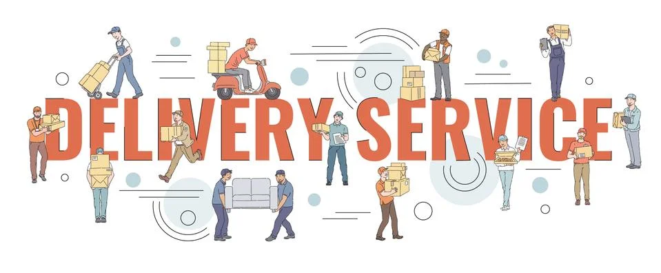 Flat style couriers holding loading or carrying boxes vector banner template. Stock Illustration