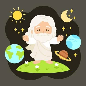 Flat Style Creator Floating Over Earth with Sun Moon and Planets in Celesti.. Ilustração Stock