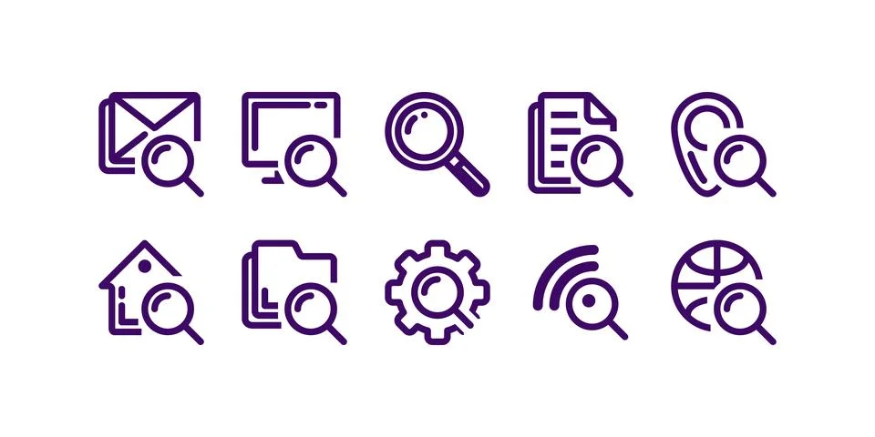Flat style data search icons including magnifying glass, image zoom, people f Stock Illustration