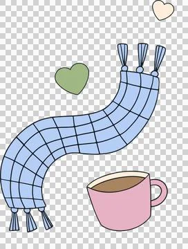 Flat-style design showing pink mug alongside blue scarf and floating hearts on Illustrazione stock