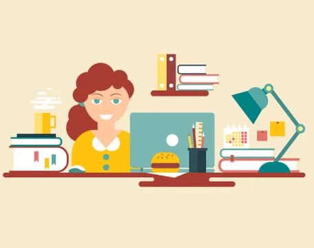 Flat style design vector illustration work place home interior. Table, pc Stock Illustration