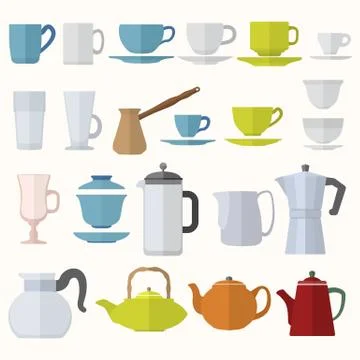 Flat style dinnerware cups mugs and pots set Stock Illustration