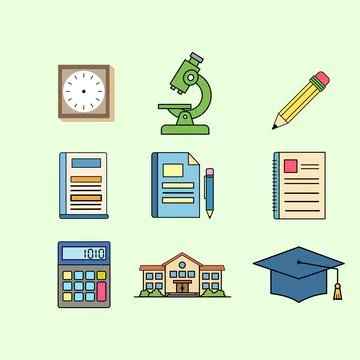 This flat-style educational icon set includes a wall clock Stock Illustration